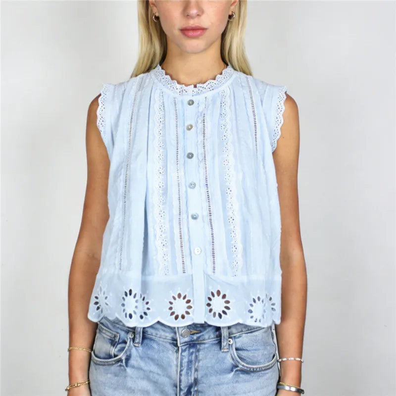Bohemian Lace Eyelet Sleeveless Blouse Women Button Front Embroidery Cropped Top White Pink Blue Casual Cottage Shirt
