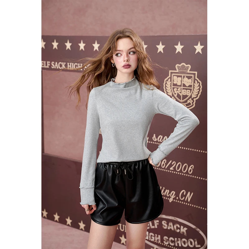 Elegant Lace Trim Mock Neck Top, Solid Ruffle Cuff Long Sleeve Blouse for Daily Wear