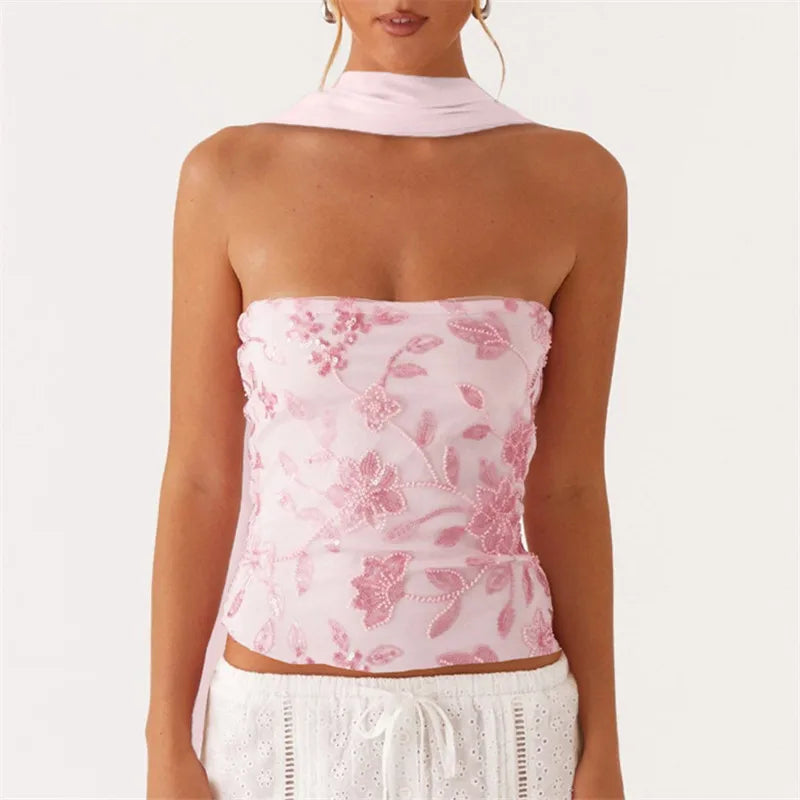 Women Y2K Sequin Tube Top with Scarf Sexy Backless Pearl Embellished Beaded Cami Bling Glitter Rhinestone Camisole