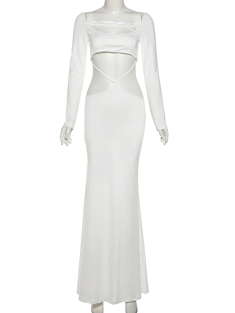 Sexy Hollow Waistless Dress Women Autumn Trend Square Collar Full Sleeve Skinny Stretch Elegant Style Long Bodycon