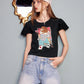 2025 Summer New Arrival Sweet Cool Faux Ice Silk Bubble Sleeve Printed Knit Sweater Women‘s’ Fit Short Sleeve Top