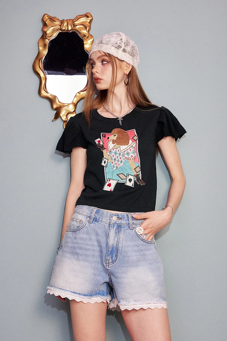 2025 Summer New Arrival Sweet Cool Faux Ice Silk Bubble Sleeve Printed Knit Sweater Women‘s’ Fit Short Sleeve Top