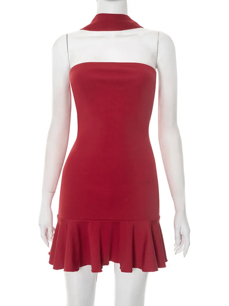 Halter Off-shoulder Strapless Sexy Mini Dress Women Fashion Scarf Collar Backless Sleeveless Ruffle Club Party Dresses
