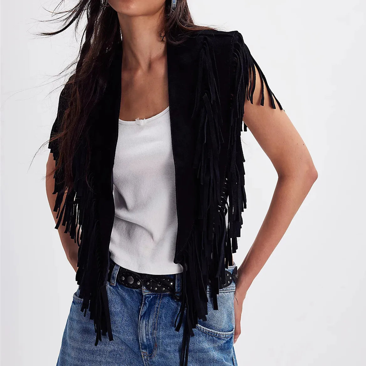 Women's Bohemian Fringe Suede Vest Open Front Cropped Sleeveless Fringe Jacket Western Cowgirl Vintage Streetwear