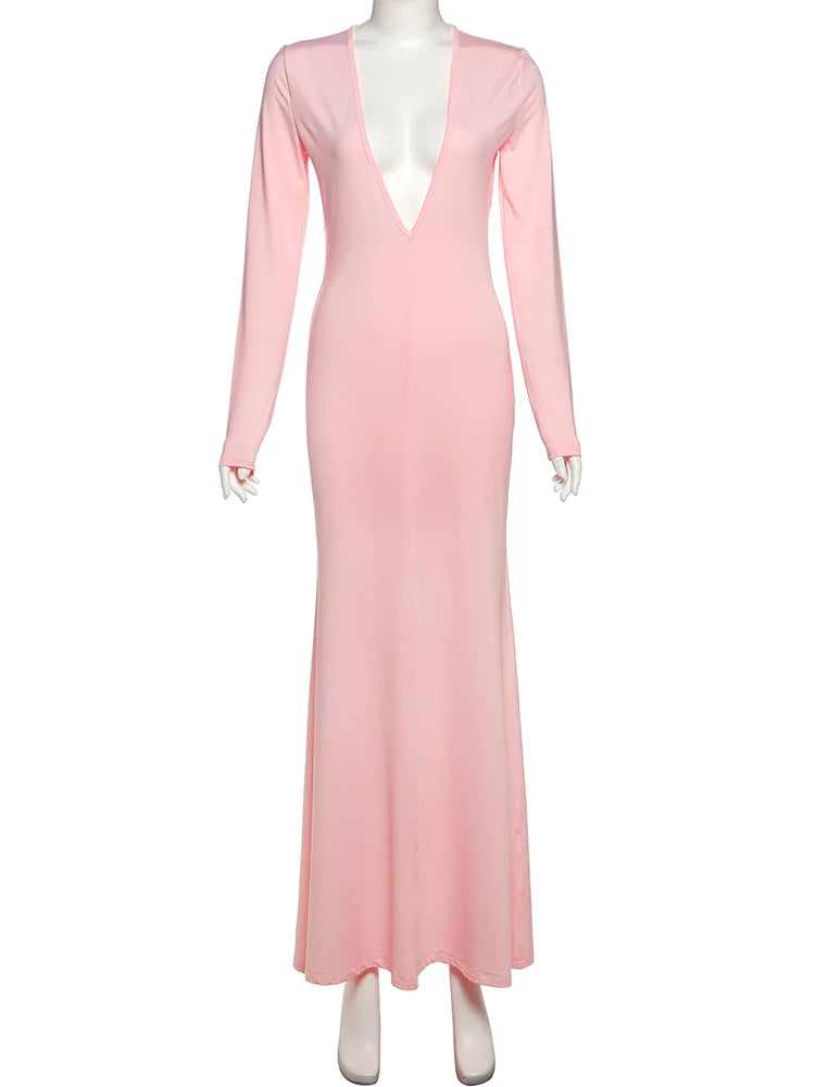 Elegant Y2K Sexy Dress Women Deep V-Neck Full Sleeve Banquet Vacation Party Hipster Simple Basis Fall Trend Vestidos