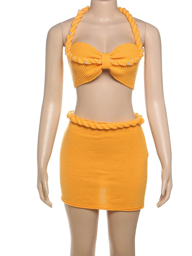 Vacation Women 2 Piece Set Summer Pearl Plait Halter Shirring Camisole+Zip Peach Hip Skirts Matching Crochet Clubwear