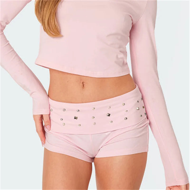 Womens Y2k Grunge Mini Shorts Fold Over Low Rise Studded Rivet Rave Concert Club Punk Goth Micro Bottoms Streetwear