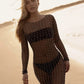 Women's Beach Bikini Cover Up Bathing Suit Fish Net Pearl Rhinestone Mesh See Through Swimsuit Beachwear Dresses