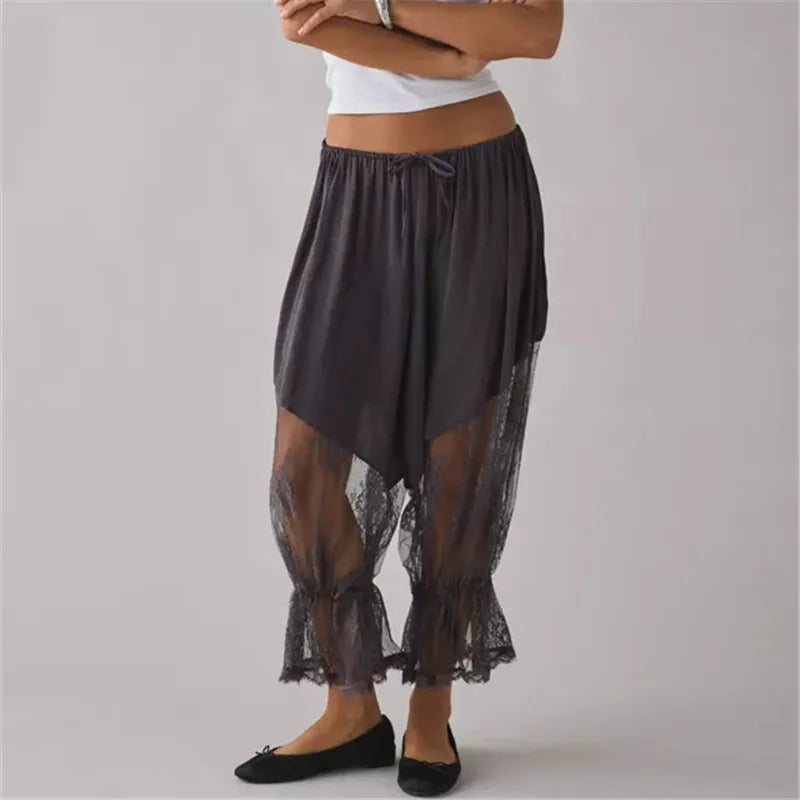 Boho Vintage Sheer Lace Harem Pants Elastic Waist Drawstring Floral Embroidery Cropped Loose Casual Pants Streetwear