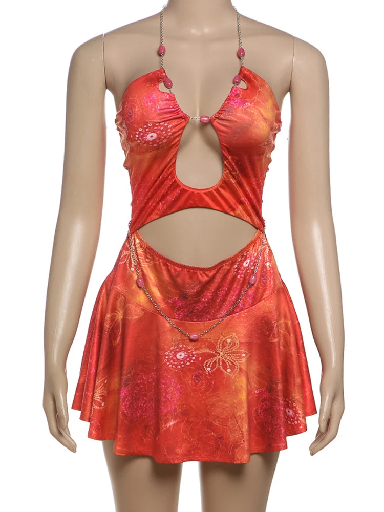 Beads Chain Halter Dress Women Fashion Print Sexy Hollow Off Shoulder Vacation Beach Style Ruched Elegant Outfits