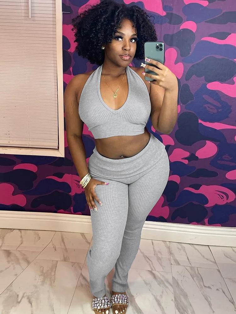 Casual Ribbed Women 2 Piece Set Casual Backless Bandage Halter Tank Tops+Lapel Pants Matching Stretch Sexy Streetwear