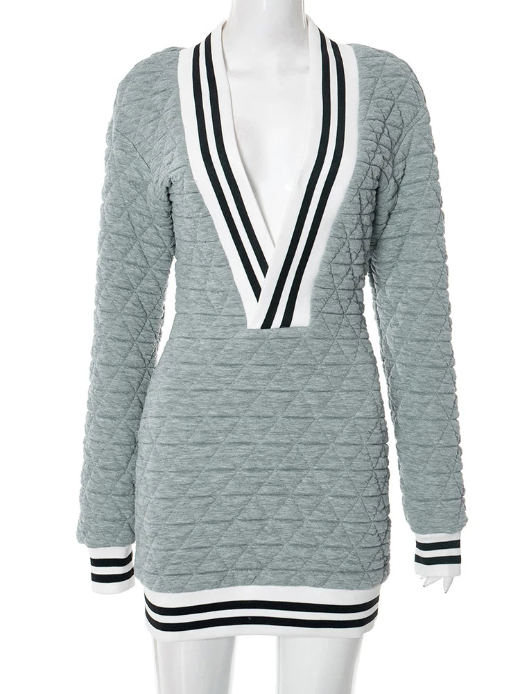 Deep V-Neck Dress Women Sexy Patchwork Elastic Waffle Plaid Long-Sleeve Autumn Hipster Peach Hip Streetwear Bodycon