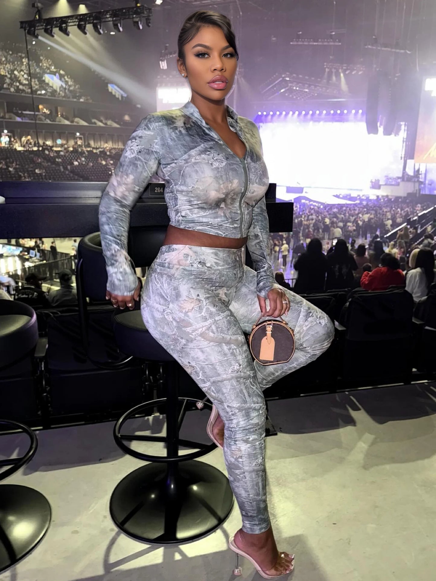 Twig Print Women Tracksuit Two Piece Set Tight Stretch Full Sleeve Crop Jacket+Leggings Matching Streetwear Outfits