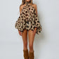 Women Halter Off Shoulder Sexy Bodysuit 2 Piece Outfit Leopard Print Sheer Blouse Shorts Set Clubwear Matching Sets