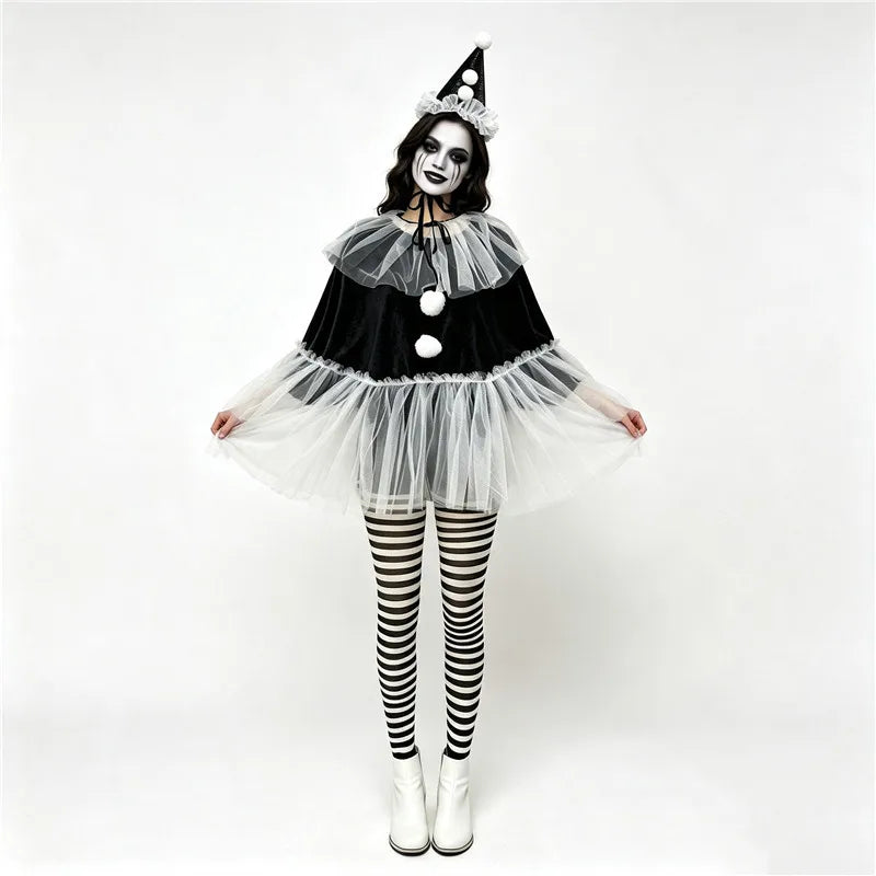 Circus Pierrot Clown Costume Women Short Cape Top Tulle Trim Pom Pom Decor Halloween Themed Cosplay Fancy Dress Outfit