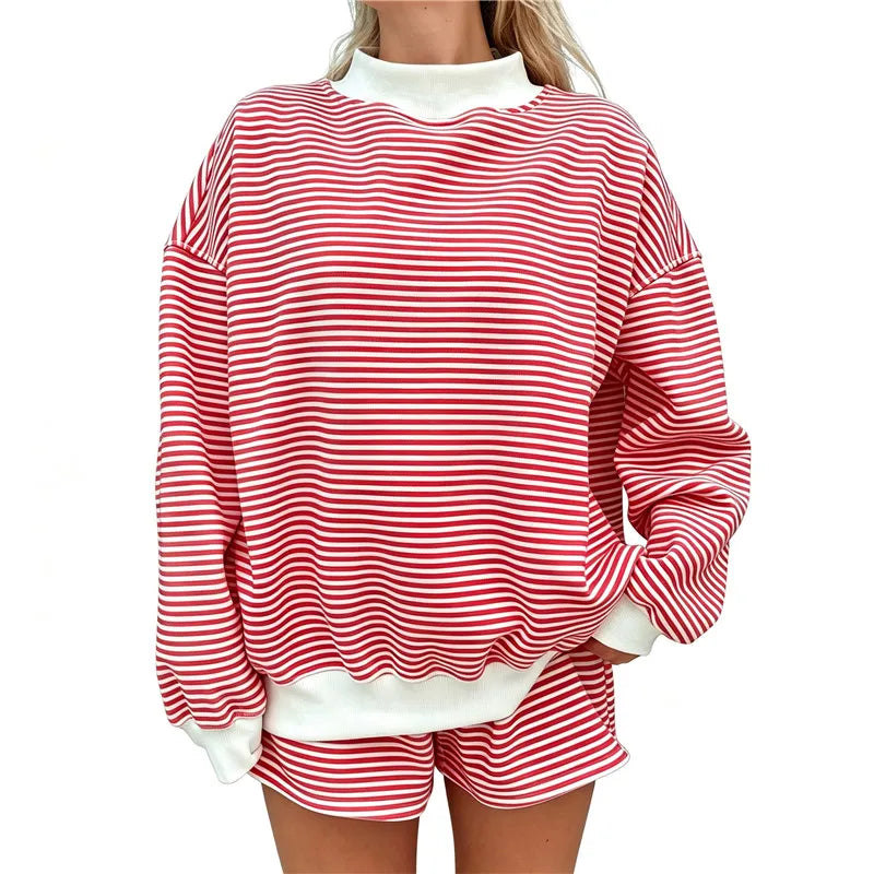 Women Mock Neck Striped Loungewear Two Piece Set Oversized Long Sleeve Sweatshirt And Shorts Casual Pajama Outfit