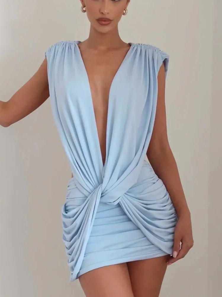 Deep V Neck Sleeveless Sexy Mini Dress Women Elegant Hollow Out Backless High Waist Ruched Skinny Club Party Dresses