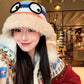 Cute Rainbow Striped Crochet Eye Plush Brim Hat For Women