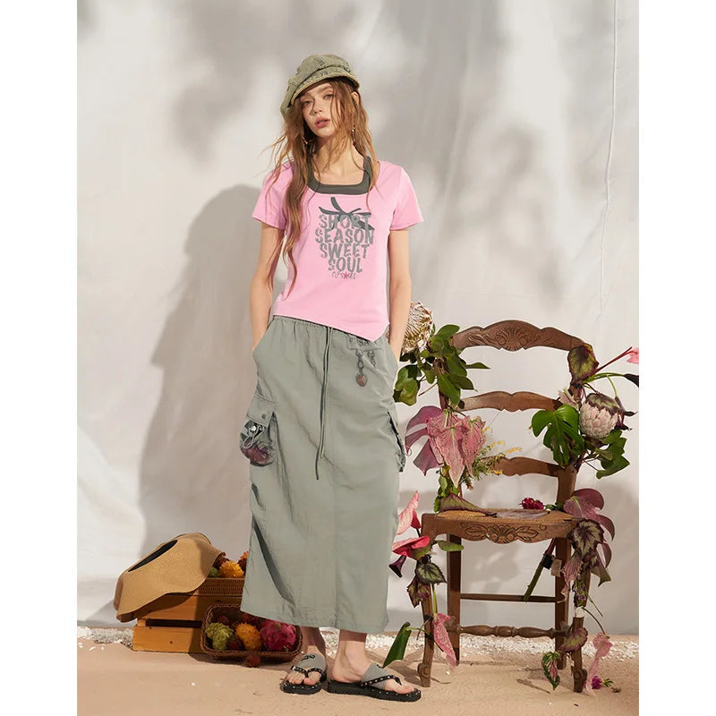 Women's Strawberry Letter Print Ribbed Knit T-Shirt, Cute Slim Fit Casual Streetwear Crop Top, 2 Colors Available
