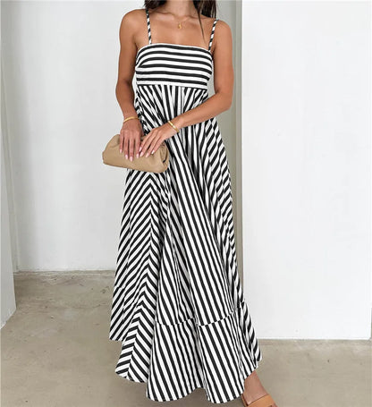Striped Polka Dot Spaghetti Strap Maxi Dress for Women Square Neck Empire Waist Flowy A Line Dress with Shirred Back