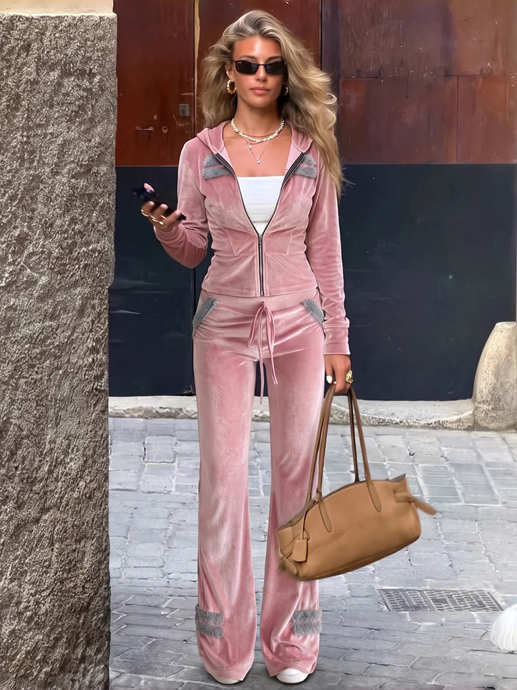 Patchwork 2-Piece Set Women Hooded Zip Full Sleeve Crop Coat+Drawstring Flare Pant Classic Sporty Casual Streetwear