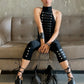 Sexy Button Faux Leather Decoration 2-Piece Set Women o-Neck Vest+Elastic Waist Classic Short Skinny Sexy Streetwear