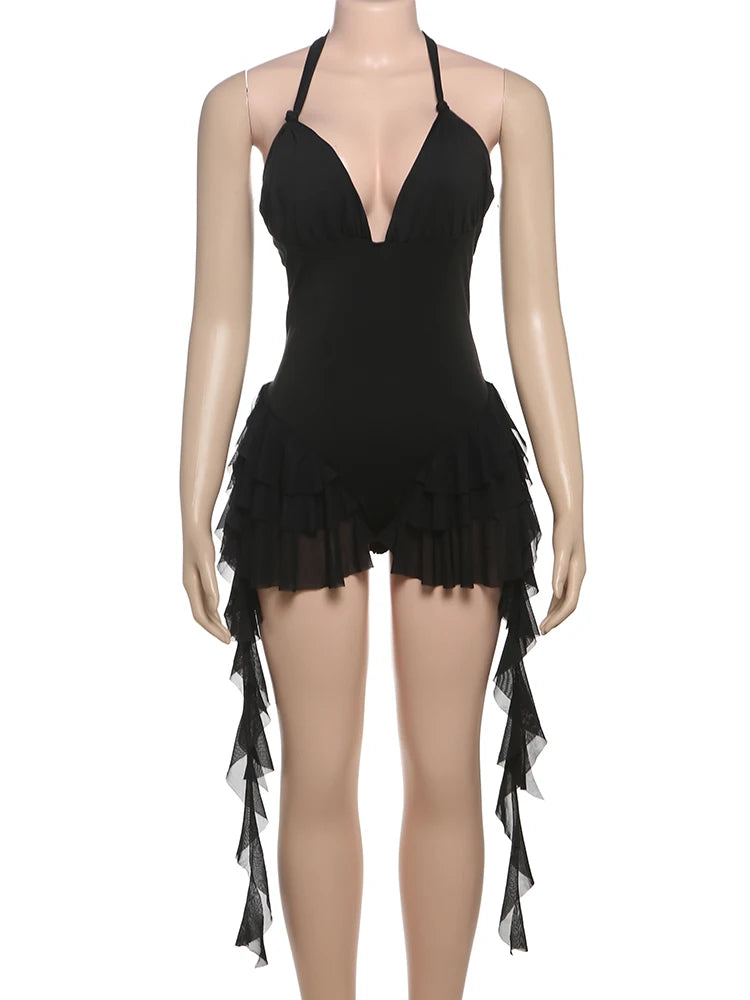 Tierred Ruffle Tassel Women Playsuits Sexy Hipster Halter V-neck Backless Rompers Music festivals Party Summer Romper