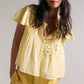 Women Boho Square Neck Lace Blouse Puff Short Sleeve Button Front Pleated Loose Cropped Shirt Vintage Cottage Summer Top