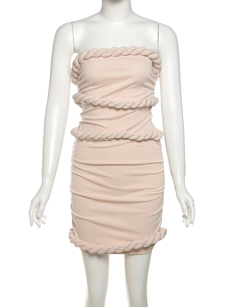 Plait Patchwor Dress Women Elegant Skinny Y2K Chic Strapless Summer Trend Sweet Birthday Party Street Mini Bodycon