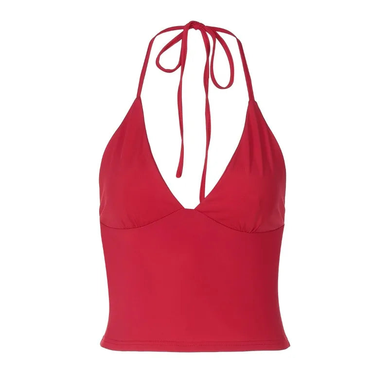 Sexy Deep V Neck Backless Crop Top Red Black Tank Tops for Woman Summer Camisole