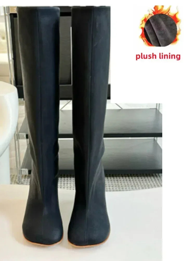 Autumn and Winter New 6cm Slim High Heels Knee High Women's Boots Round Toe Fashionable Women's Long Boots Knight Boots