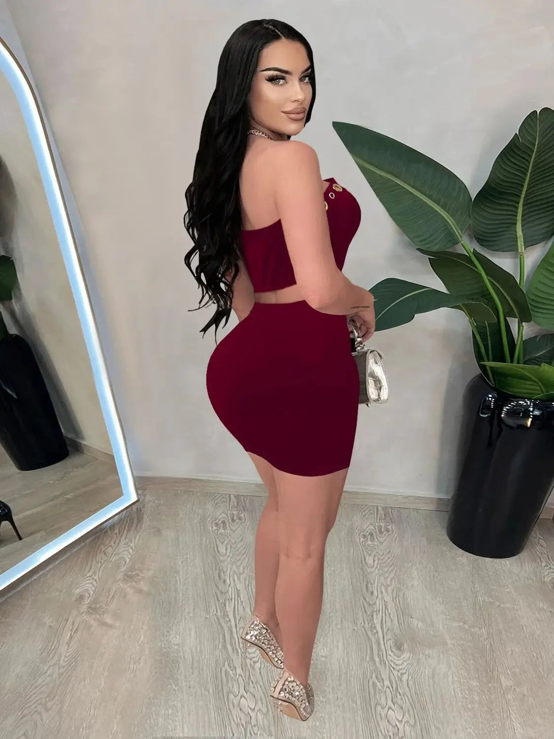 Y2K 2 Piece Set Women Irregular Cirque Hipster Split Strapless Tops+Peach Hip Skirts Midnight Party Matching Clubwear