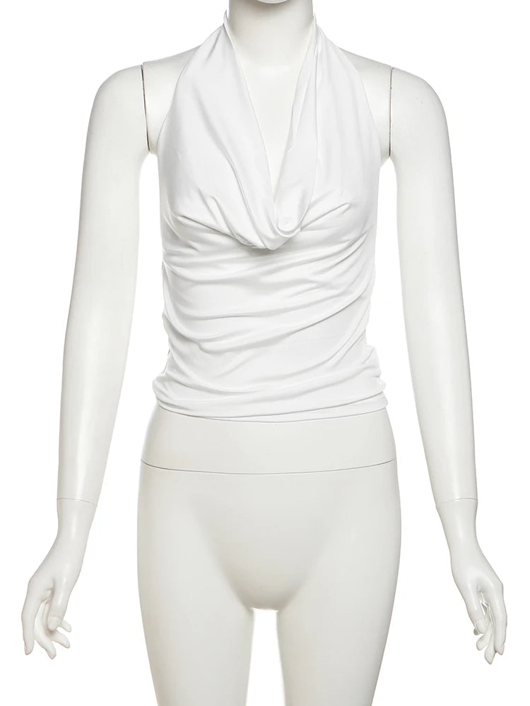Swing Collar Tank Tops Women Backless Halter Folds Skinny Daily Simple Sexy Summer Wild Street Basic Stretch Vest