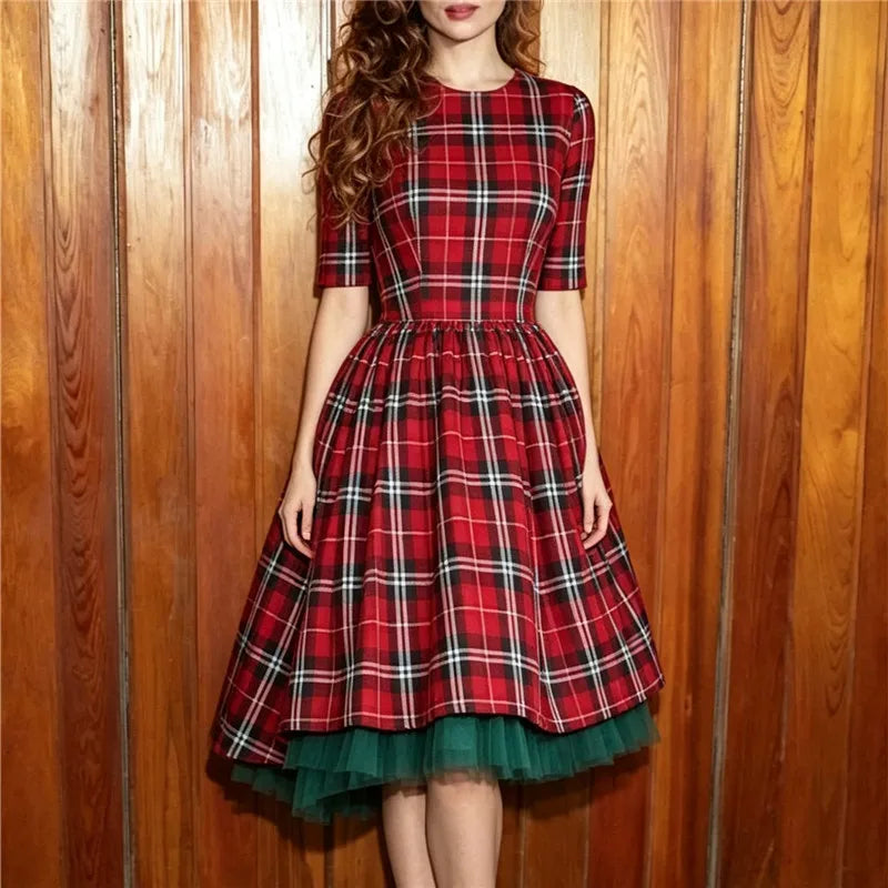 Women Red Plaid Midi Swing Dress Round Neck Half Sleeve A Line Dress With Green Tulle Hem Christmas Holiday Party Dress