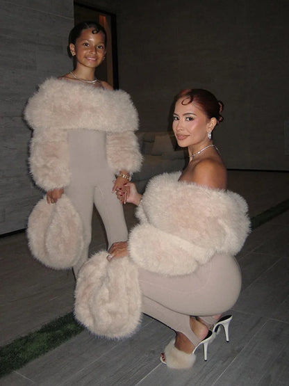 Faux Fur Patchwork Off Shoulder Long Sleeve Jumpsuits Sexy Winter Clothing for Woman One Pieces Club Outfits