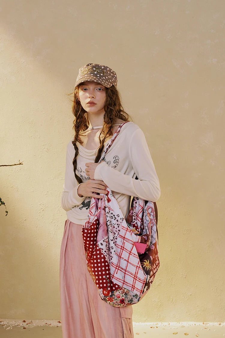 Women's Patchwork Mixed Print Canvas Shoulder Tote Bag with Adjustable Strap, Multi Pattern Large Casual Shopper Bag