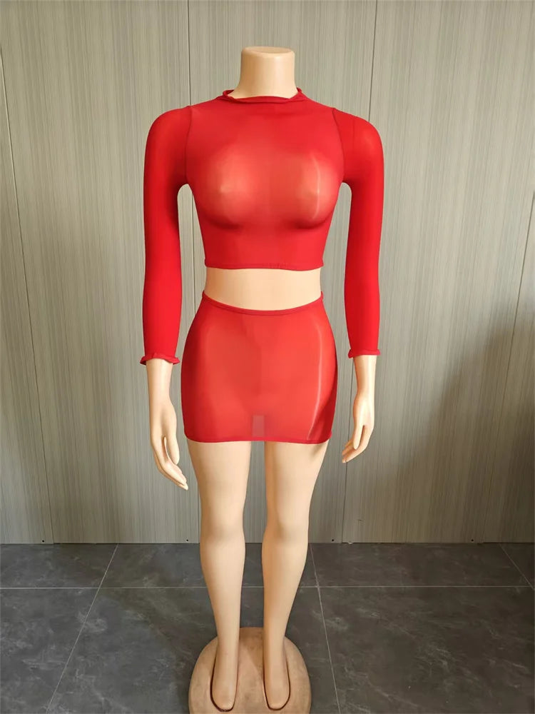 See Through 2-Piece Set Women o-Neck Full Sleeve Crop Tops+Elastic Waist Simple Skirt Slim Sexy Midnight Hottie Suit