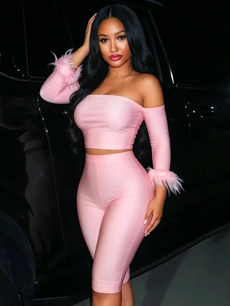 Fashion Satin 2 Piece Set Women Simple Furs Patchwork Slash Neck T-Shirts+Mid-Length Shorts Trend Party Street Suits