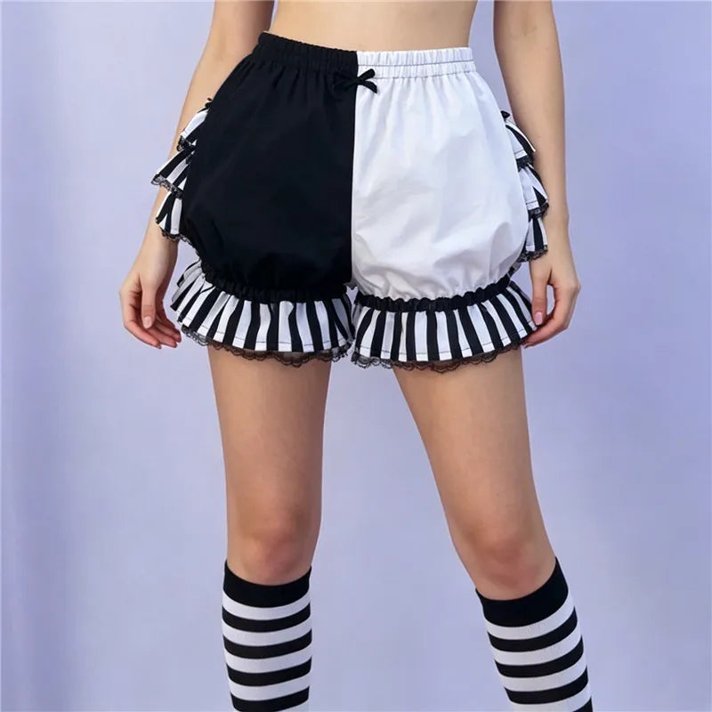 Lolita Women Bloomers Shorts Color Block Patchwork Ruffle Lace Elastic Waist Pumpkin Pantalettes Sweet Cosplay Bottoms