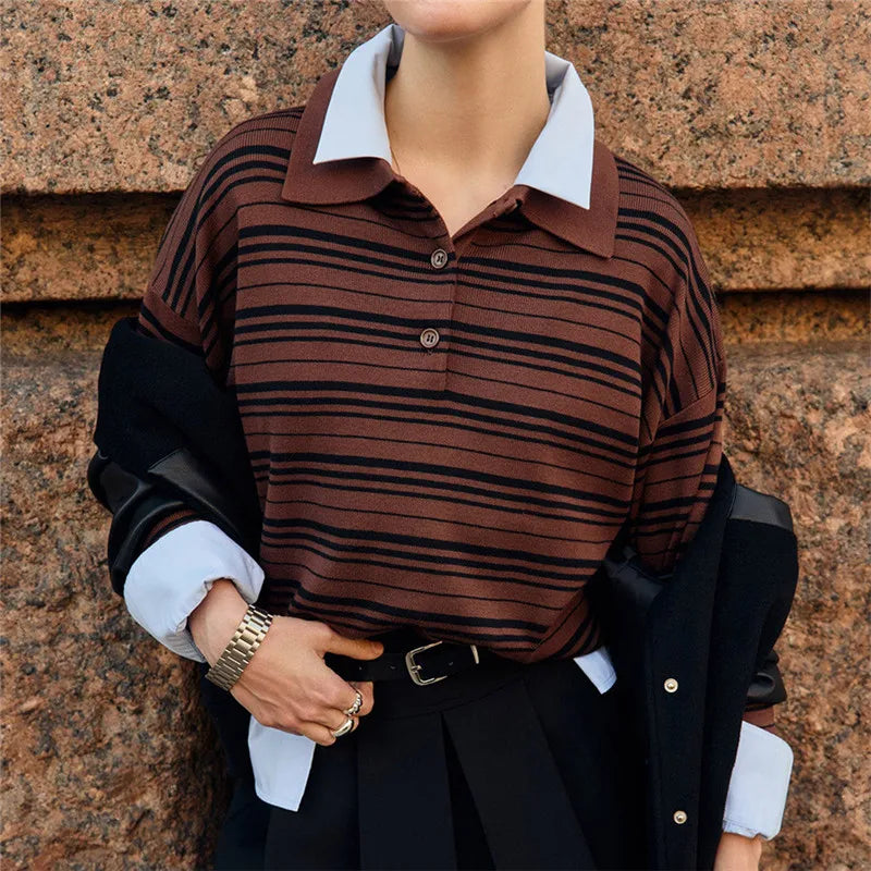 Striped Sweater Women Long Sleeve Button Front Pullover Casual Crew Neck Tops Pullover Sweatshirt Fall Winter Outwear