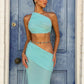 Mesh Patchwork 2 Piece Set Woman Skew Collar Backless Navel Exposed Tops+Beads Tassel Long Skirts Ruched Elegant Suit