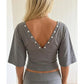 Double Front Back Deep V Button Detail Cropped Top Half Sleeve Ruched Waist Slim Fit Stretch Y2K Going Out Crop Blouse