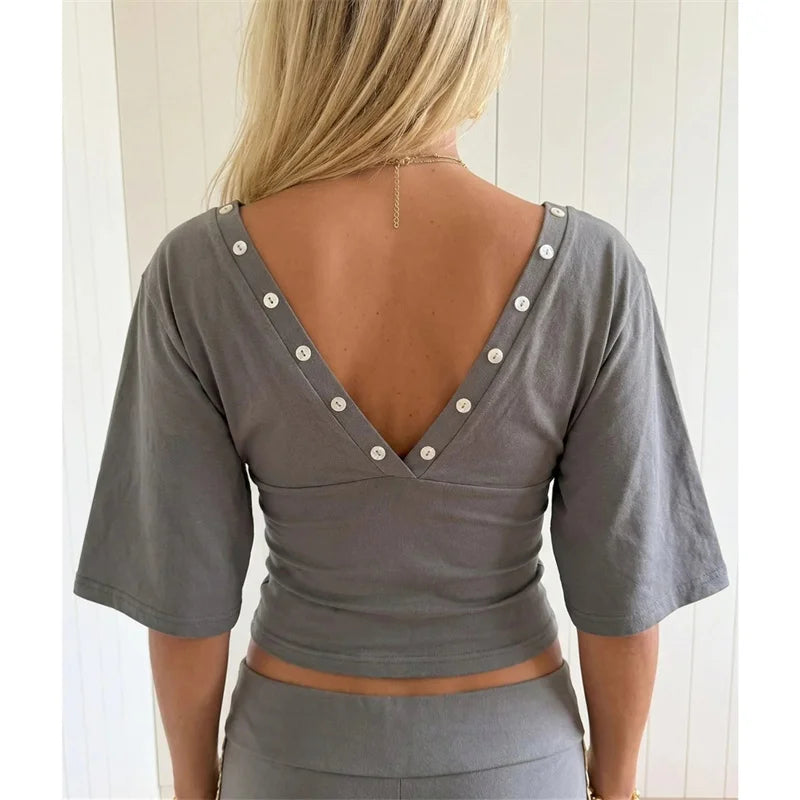 Double Front Back Deep V Button Detail Cropped Top Half Sleeve Ruched Waist Slim Fit Stretch Y2K Going Out Crop Blouse