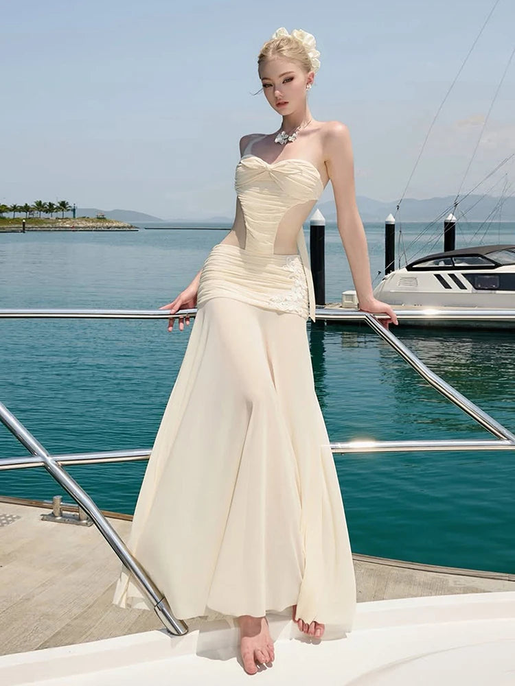 See Through Hem Folds Bandage Maxi Dress Women Waistless Backless Patchwork Flower Decoration Party Vacation Vestidos