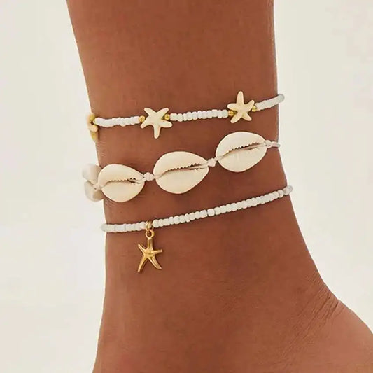 3Pcs/Set Bohemia Conch CCB Rice Beads Anklets for Women 2025 Summer Beach Vacation Foot Chains Jewelry Accessories Gift