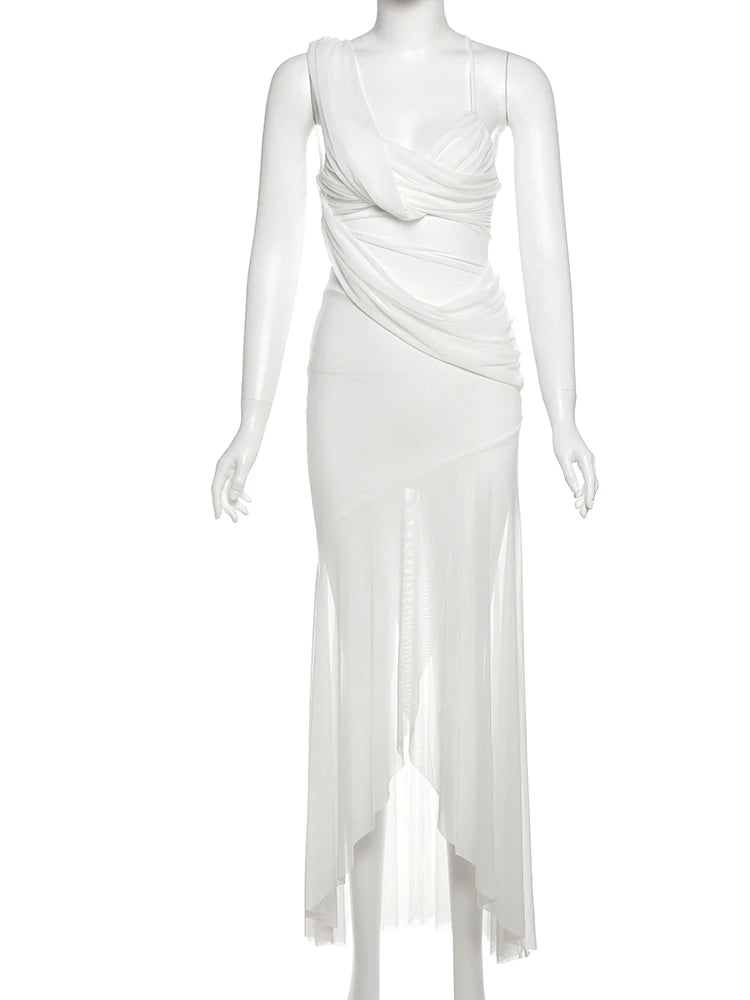 Patchwork Mesh Maxi Dress Women Irregular Double Deck Slits Skinny Ruffles Summer Trend Vacation Beach Party Vestidos