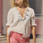 Women's Vintage Ruffled V Neck Blouse Summer Casual Puff Short Sleeve Button Down Shirt Summer Beach Holiday Shirts Top