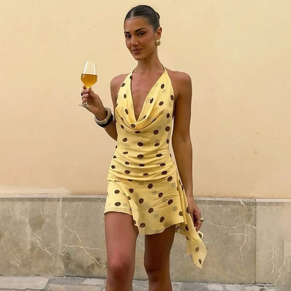 Polka Dot Mesh Yellow Dress Women Sexy Cowl Neck Backless Mini Dresses
