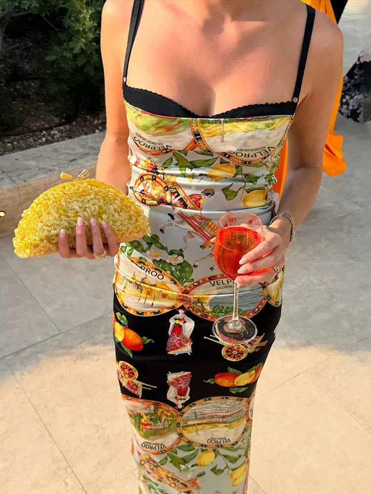 Patchwork Straps Dress Women Y2K Lemon Print Sleeveless Skinny Tight Vacation Beach Party Elegant Banquet Vestidos
