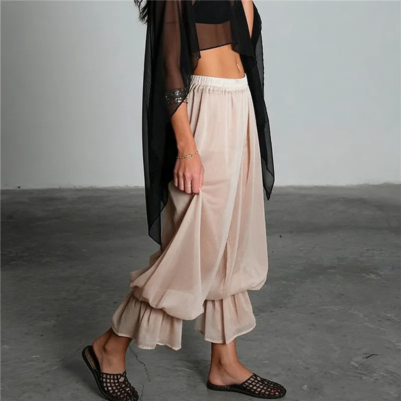 Casual Mesh See-Through Crop Trousers with Safety Shorts for Daily Women Capri Bloomers Pants Y2K Vintage Streetwear